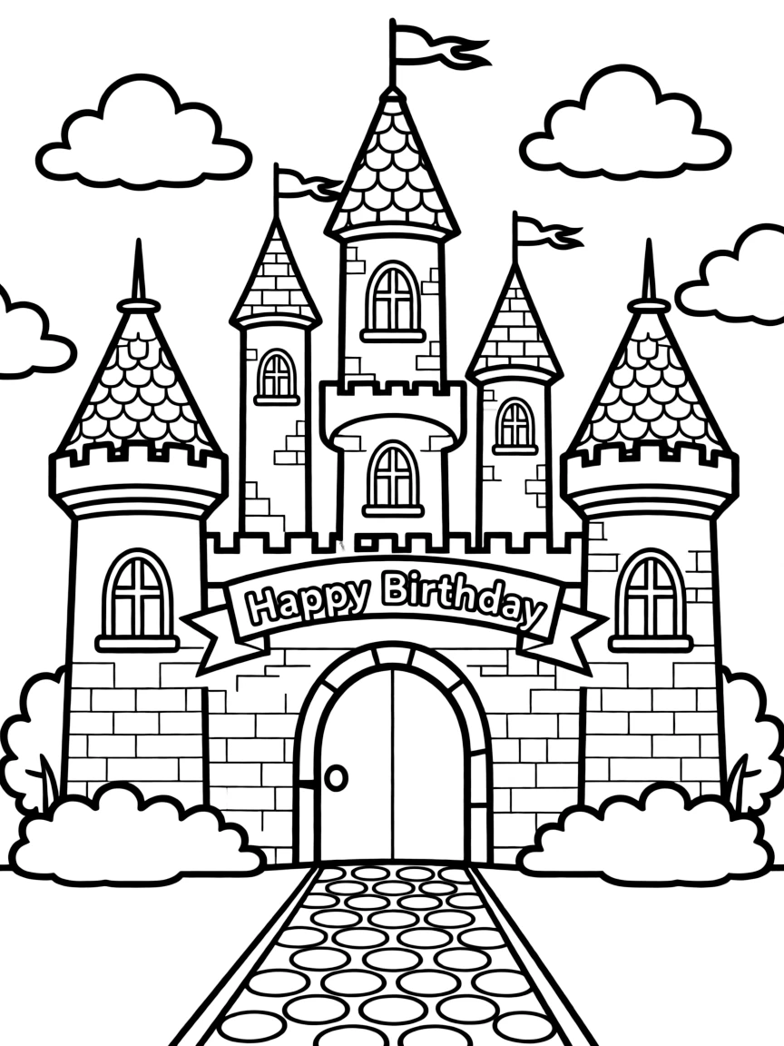An enchanted **castle** ready for a birthday ball with a "Happy Birthday" banner.