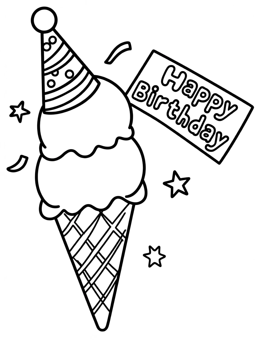 A sweet **ice cream cone** with a party hat and a "Happy Birthday" message on the side.
