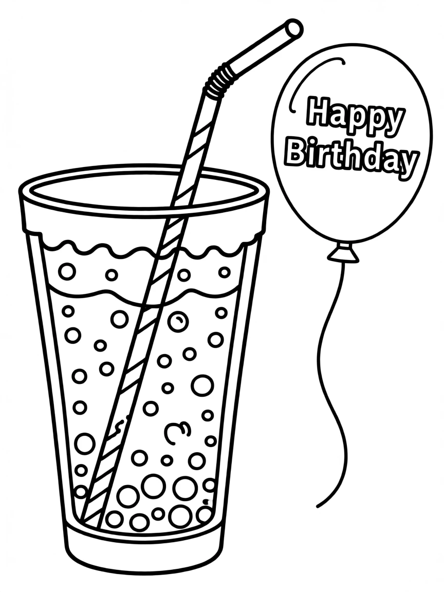 A bubbling **soda pop** with a straw and balloon that says "Happy Birthday".