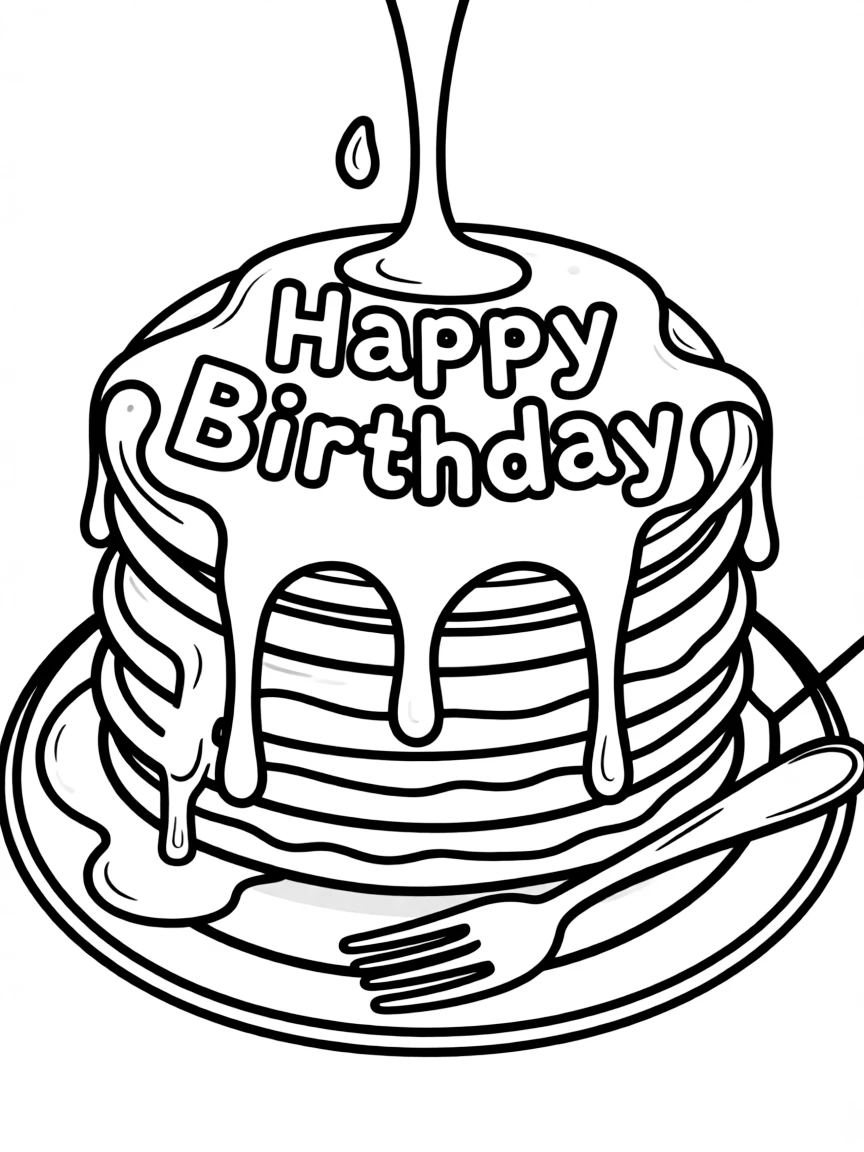 A stack of fluffy **pancakes** with birthday syrup and a "Happy Birthday" design.