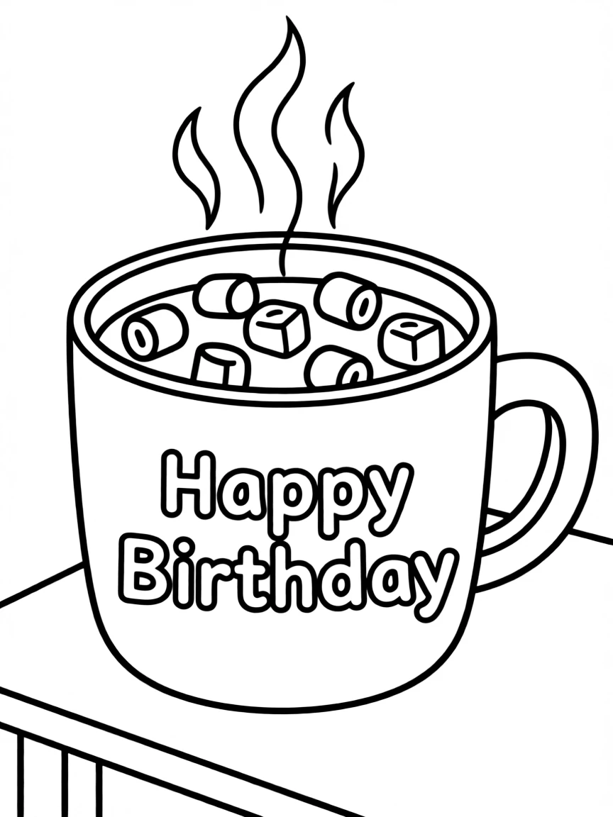 A steaming mug of **hot cocoa** with birthday marshmallows and a "Happy Birthday" message.