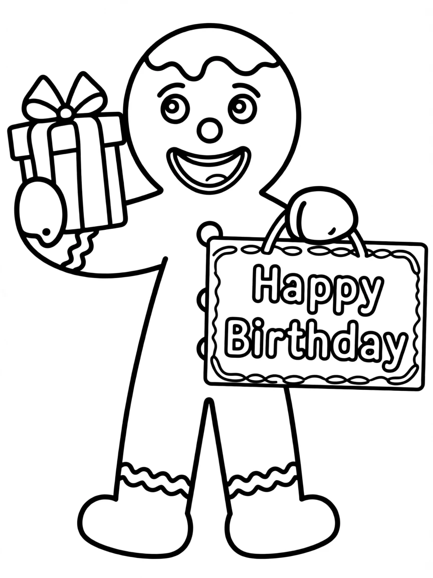A cheerful **gingerbread man** holding a birthday gift and a "Happy Birthday" sign.