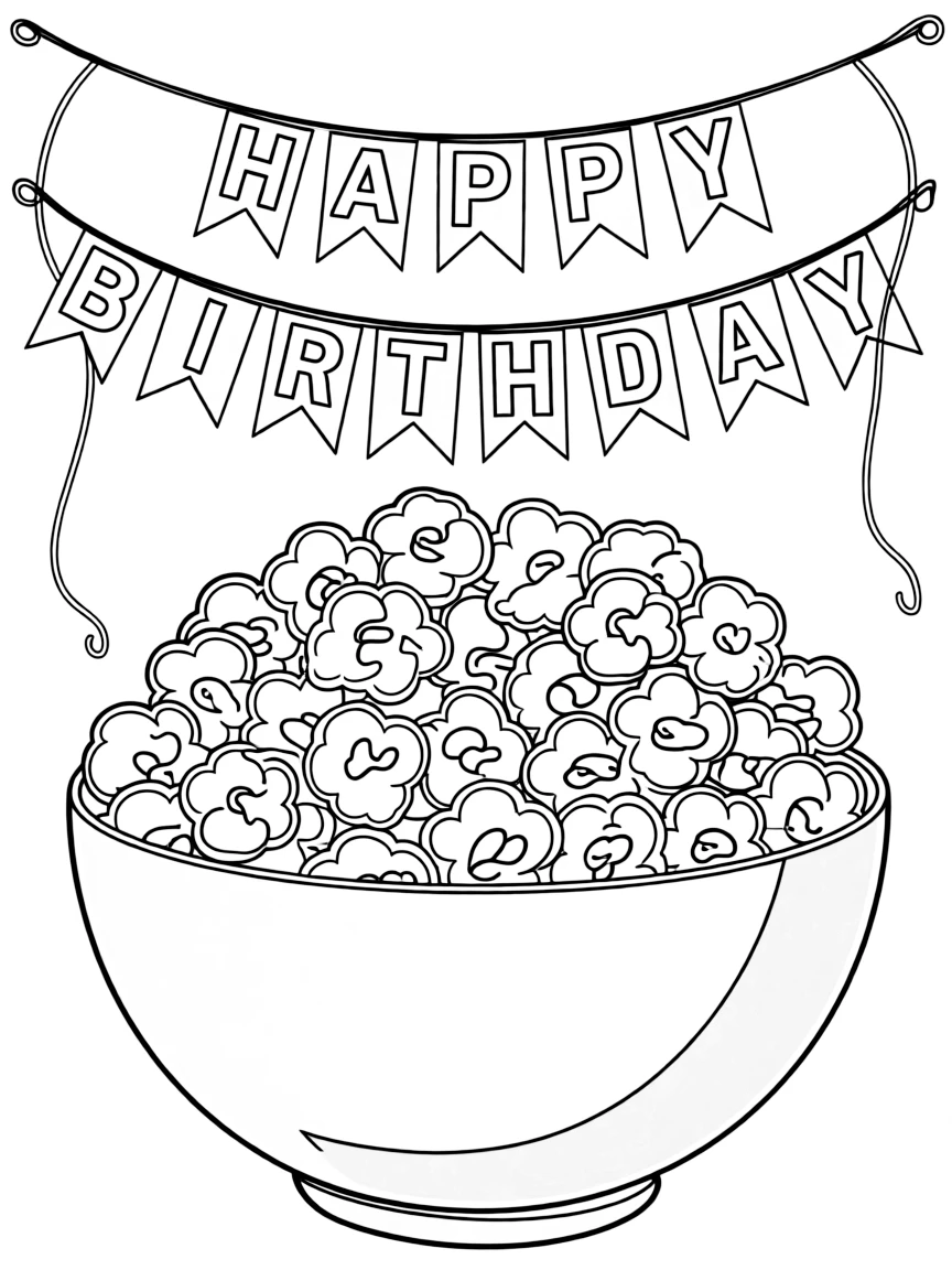 A bowl of **popcorn** ready for a birthday movie night with a "Happy Birthday" banner.