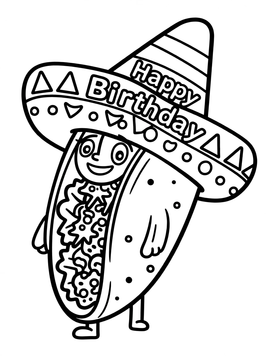 A yummy **taco** with a birthday sombrero that says "Happy Birthday".