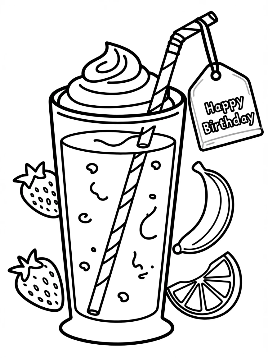 A colorful **fruit smoothie** with a birthday straw and a "Happy Birthday" tag.