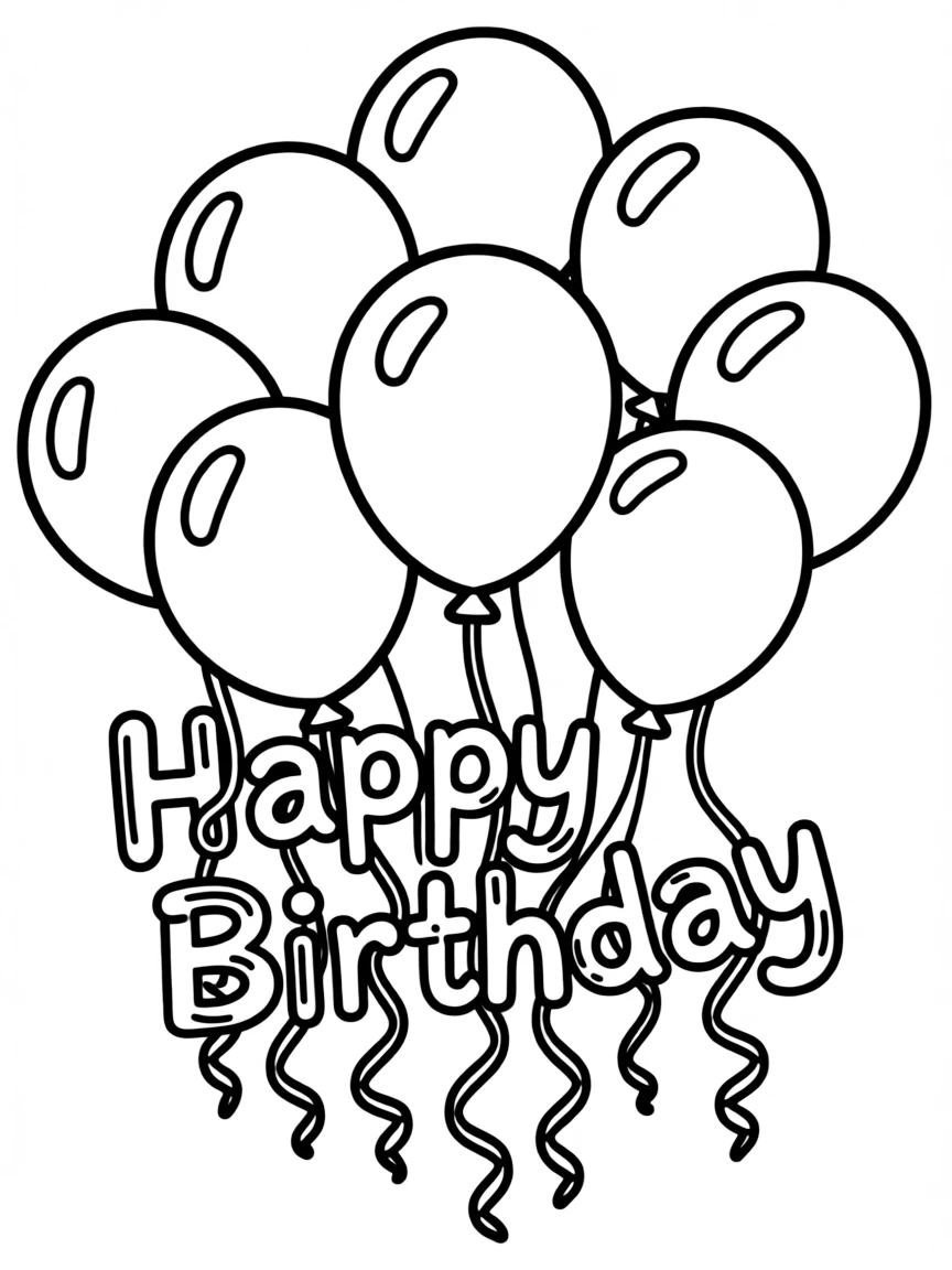 A bunch of floating **balloons** with streamers that spell out "Happy Birthday".