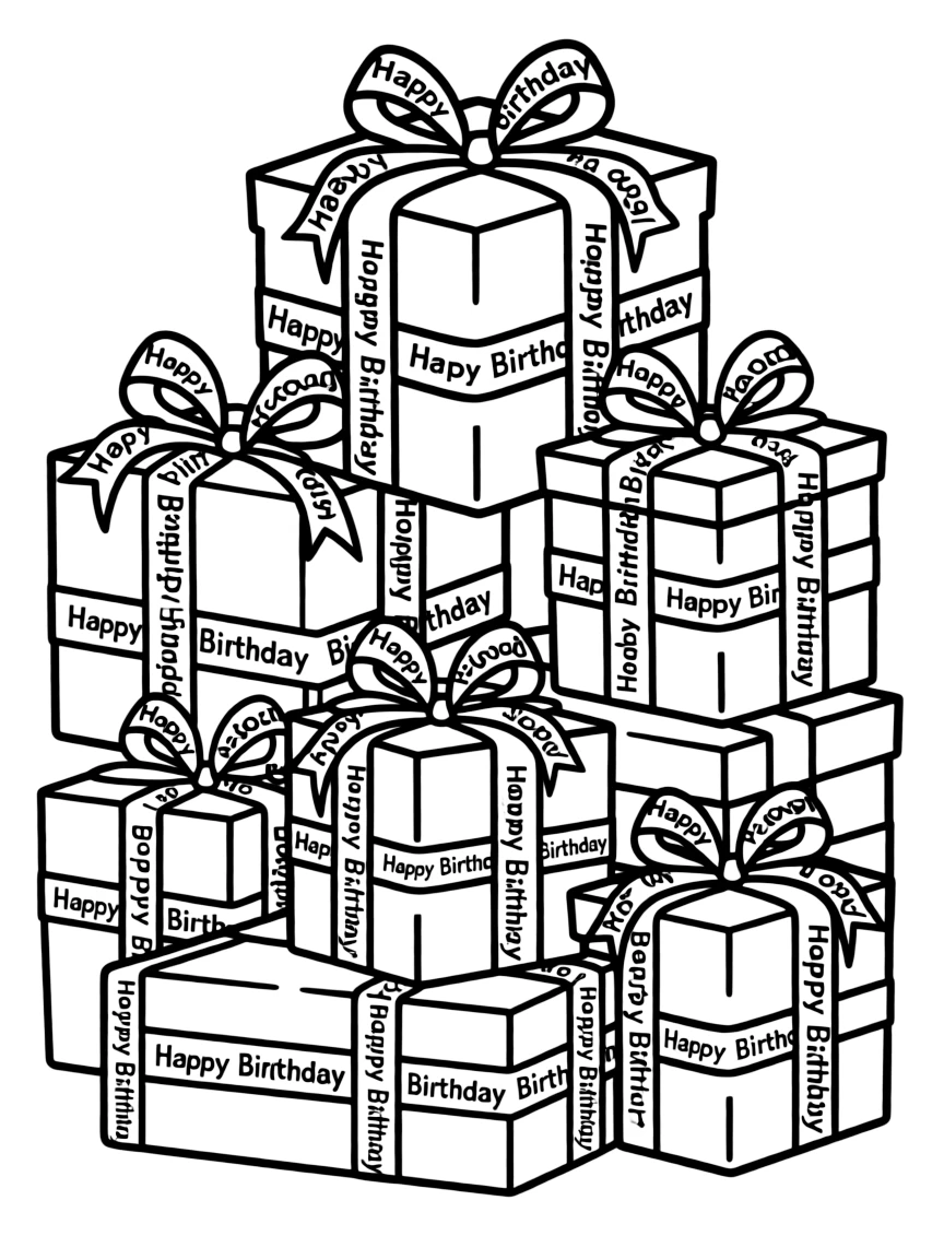 A pile of wrapped **presents** with bows and ribbons that say "Happy Birthday".