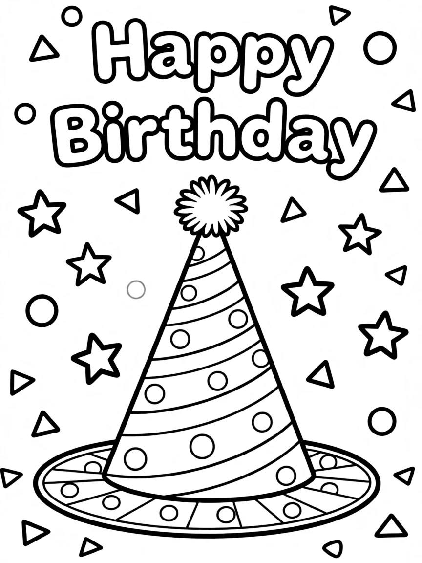 A festive **party hat** surrounded by confetti and a "Happy Birthday" message.