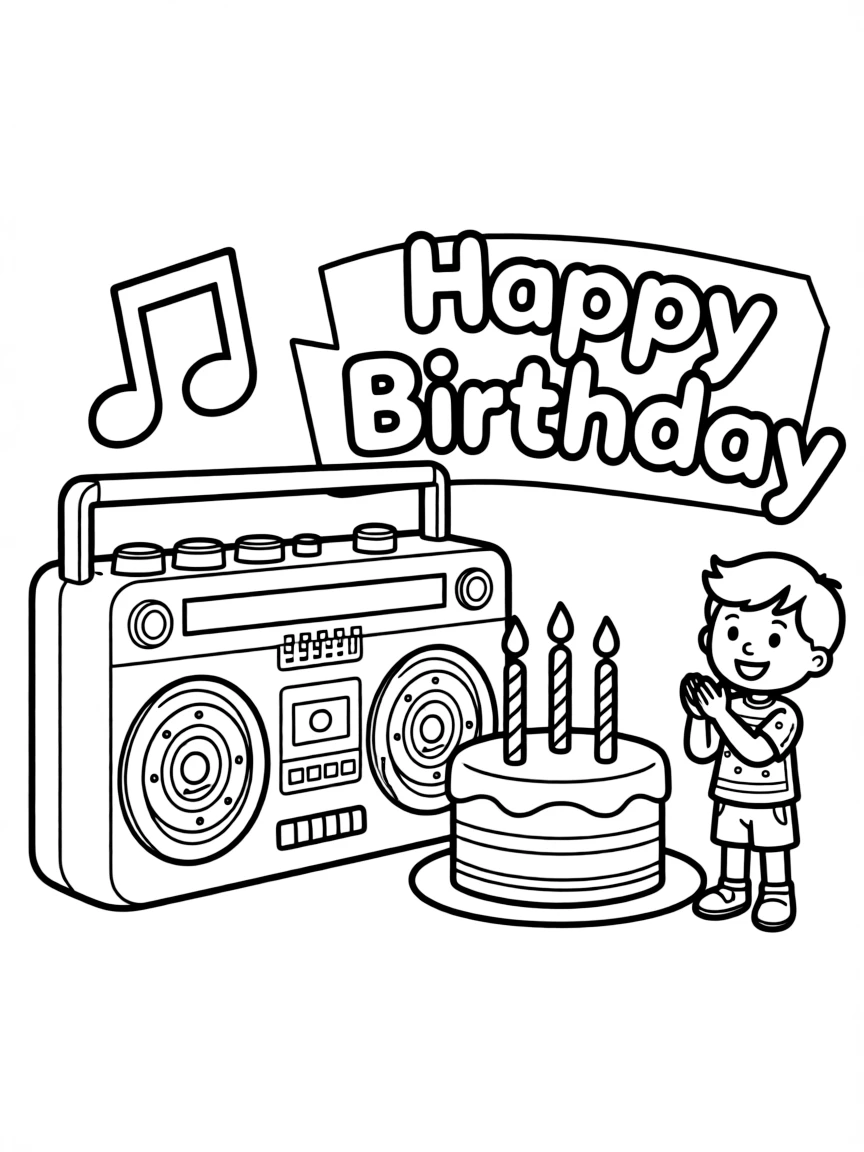 A musical **boombox** playing birthday tunes and a "Happy Birthday" song.