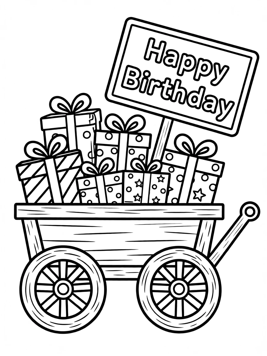 A sturdy **wagon** filled with birthday gifts and a "Happy Birthday" sign.