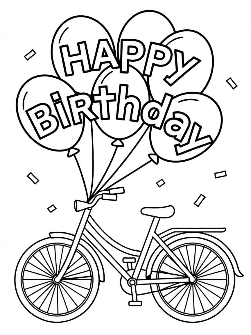 A fun **bicycle** with birthday balloons attached that say "Happy Birthday".