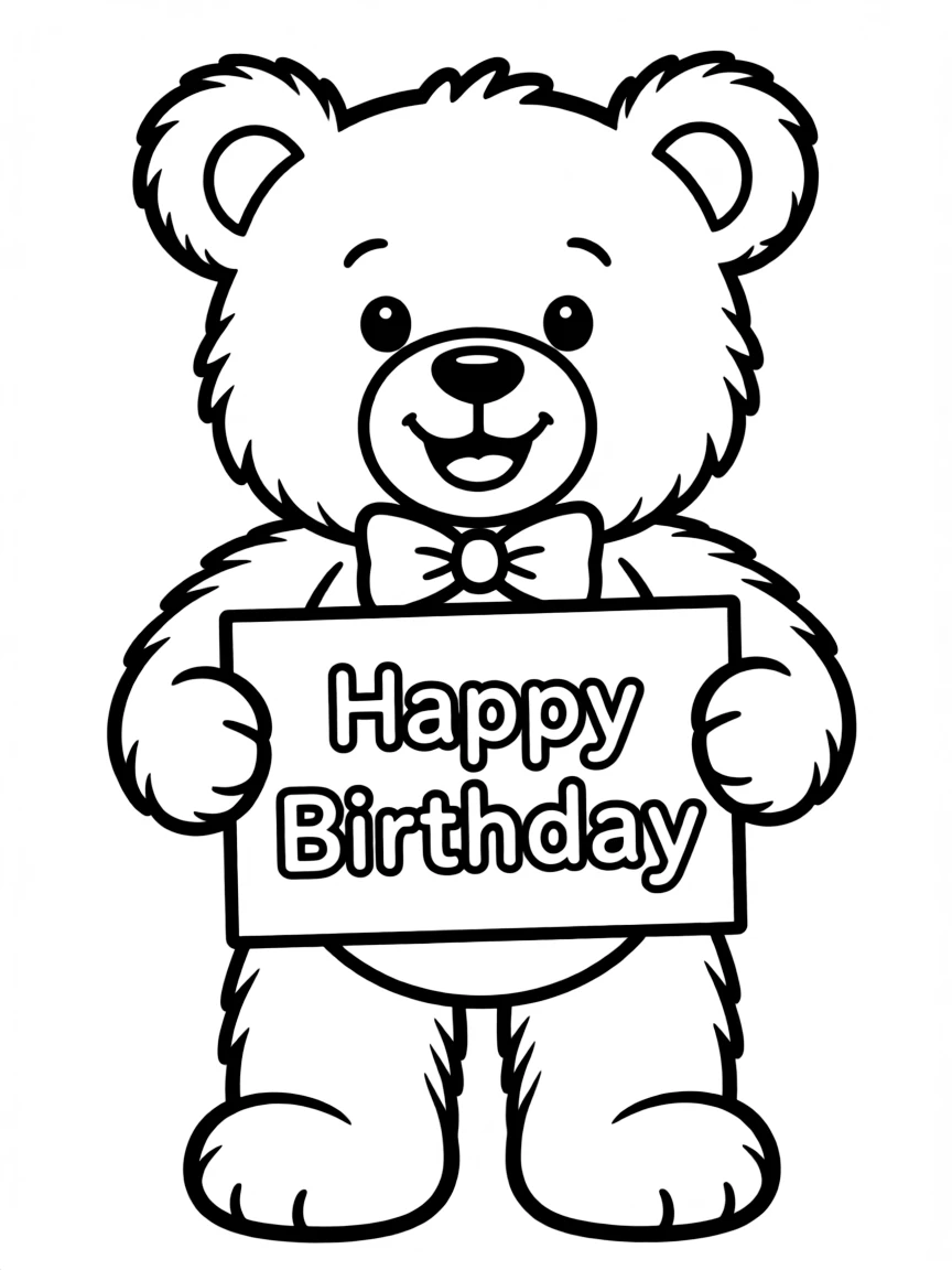 A friendly **teddy bear** holding a birthday card that says "Happy Birthday".