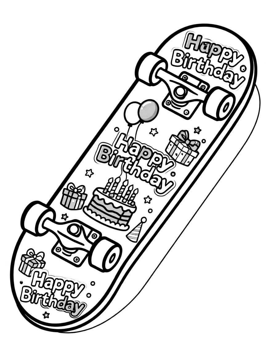 A cool **skateboard** with birthday designs and "Happy Birthday" stickers.