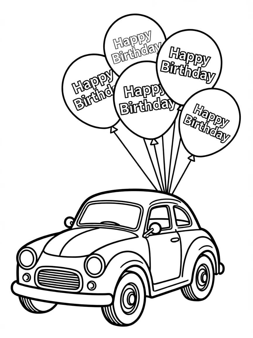 A classic **toy car** with balloons tied to it that say "Happy Birthday".