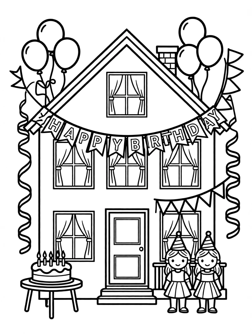 A charming **dollhouse** with birthday decorations and a "Happy Birthday" banner.
