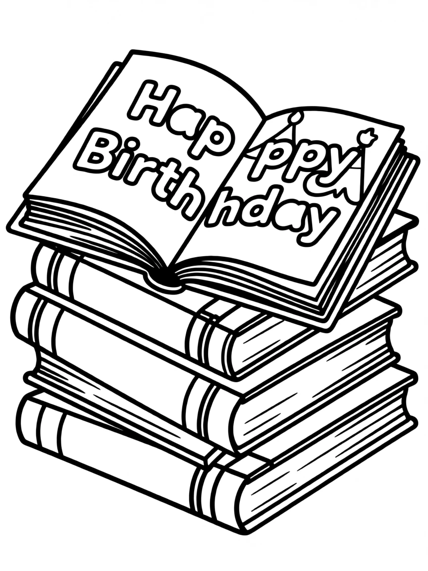 A stack of **books** with a birthday story open that says "Happy Birthday".