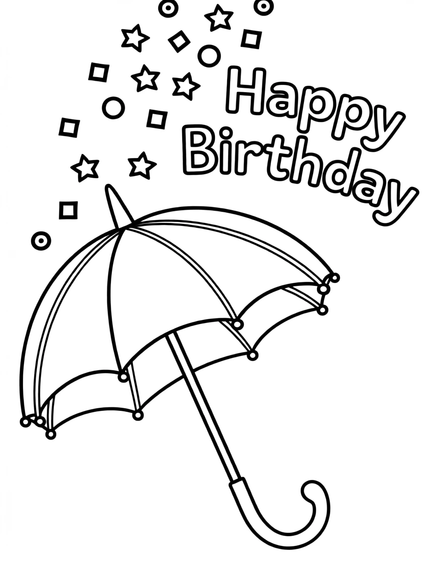 A cheerful **umbrella** catching falling confetti and a "Happy Birthday" message.