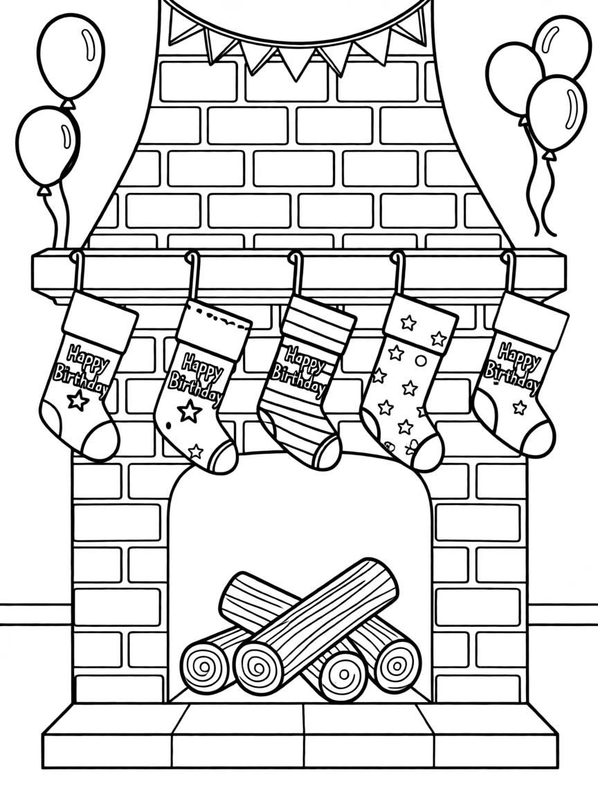 A cozy **fireplace** with birthday stockings hanging that say "Happy Birthday".