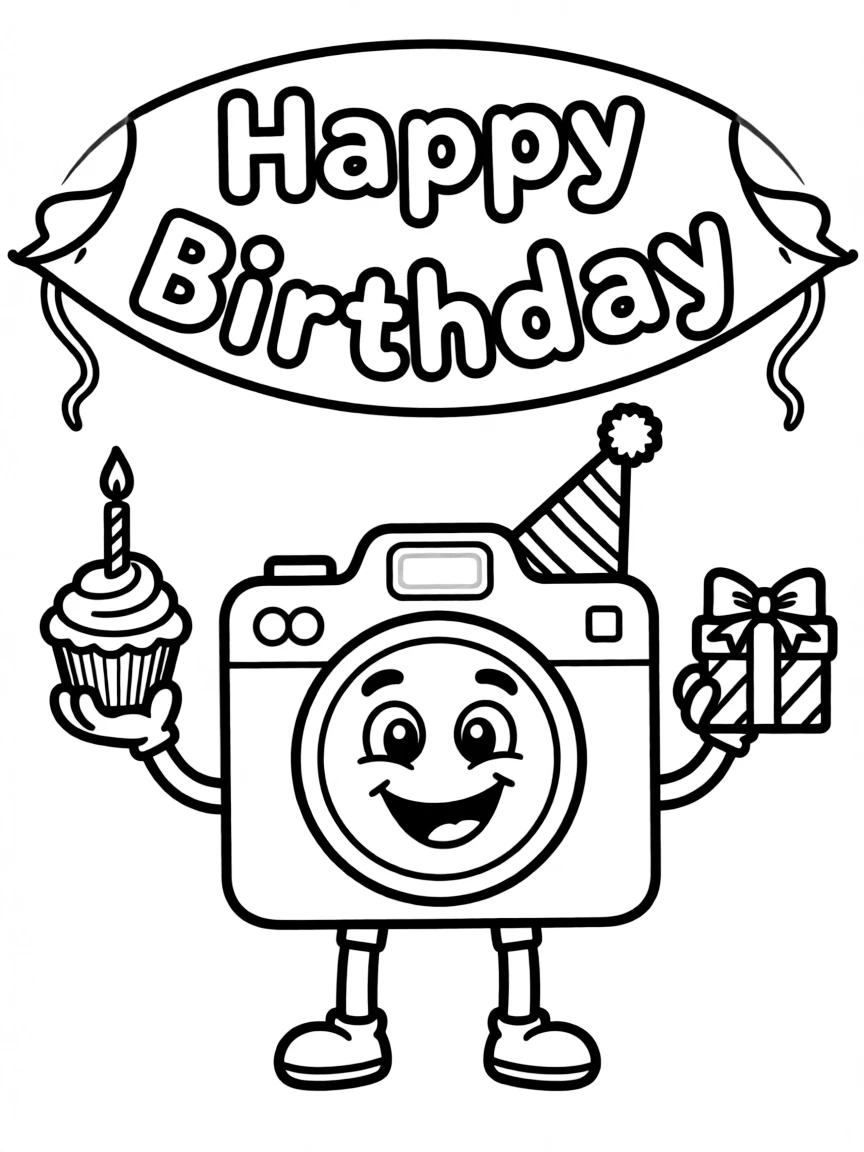 A happy **camera** ready to capture birthday memories and a "Happy Birthday" message.