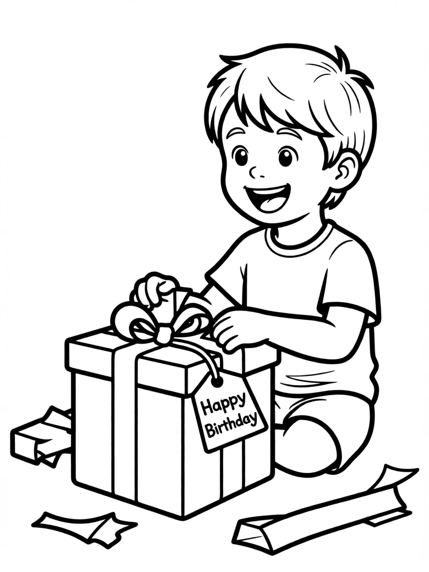 A child unwrapping a special **birthday present** with a "Happy Birthday" tag.