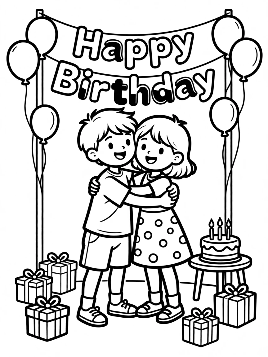 Friends giving a **birthday hug** and saying "Happy Birthday".