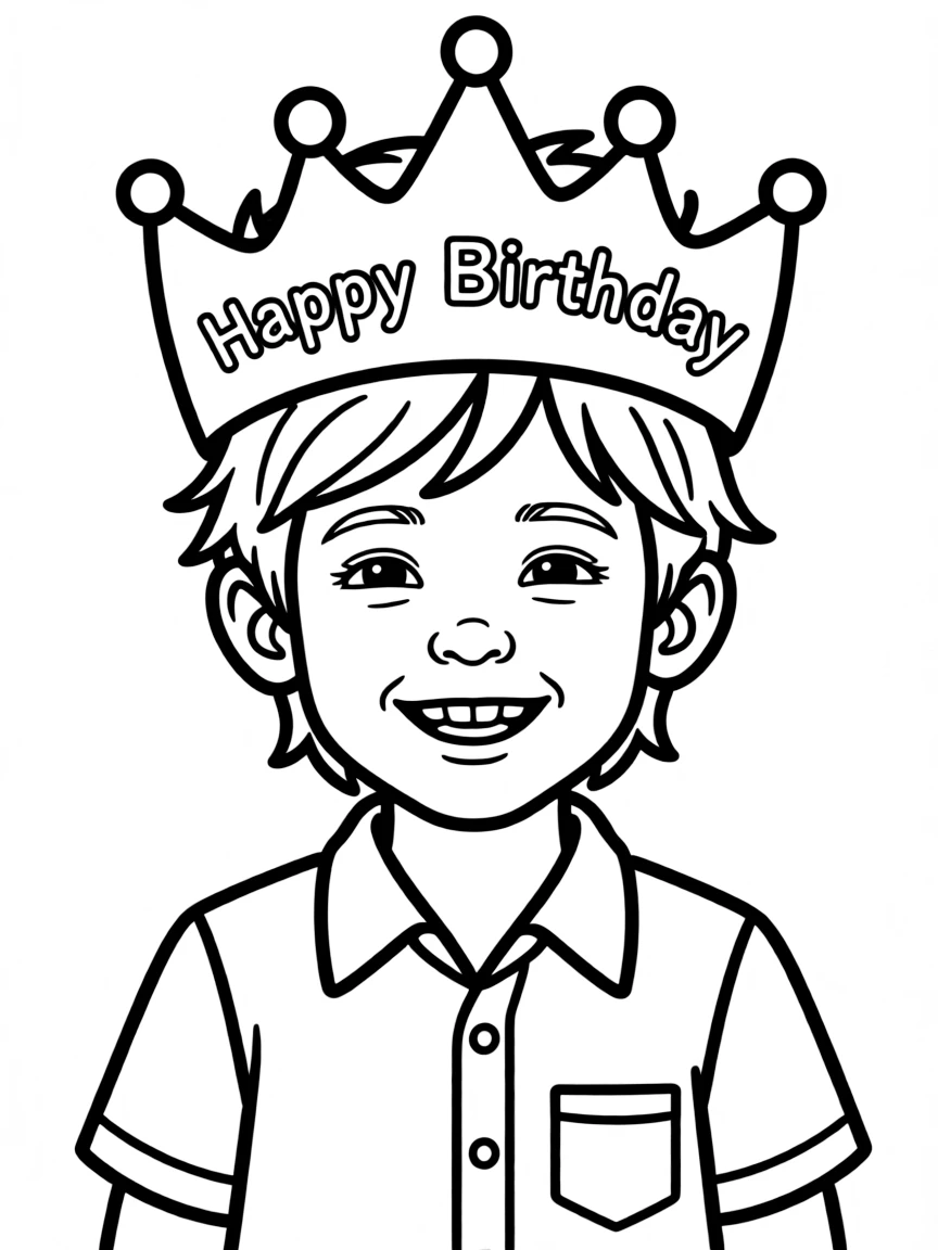 A child wearing a **birthday crown** and smiling with "Happy Birthday" written on it.