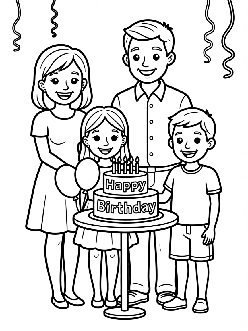 A family gathered around a **birthday cake** that says "Happy Birthday".