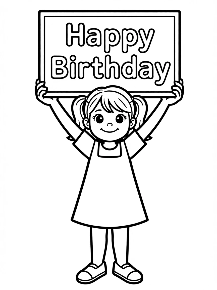 A child holding a "Happy Birthday" **sign**.