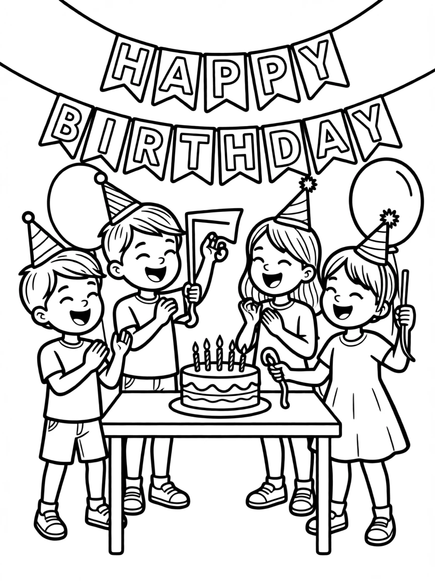 Friends playing **party games** at a birthday party and shouting "Happy Birthday".