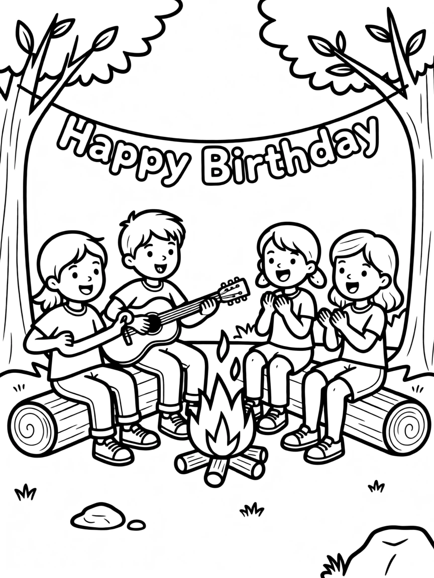 Friends singing "Happy Birthday" around a **campfire**.