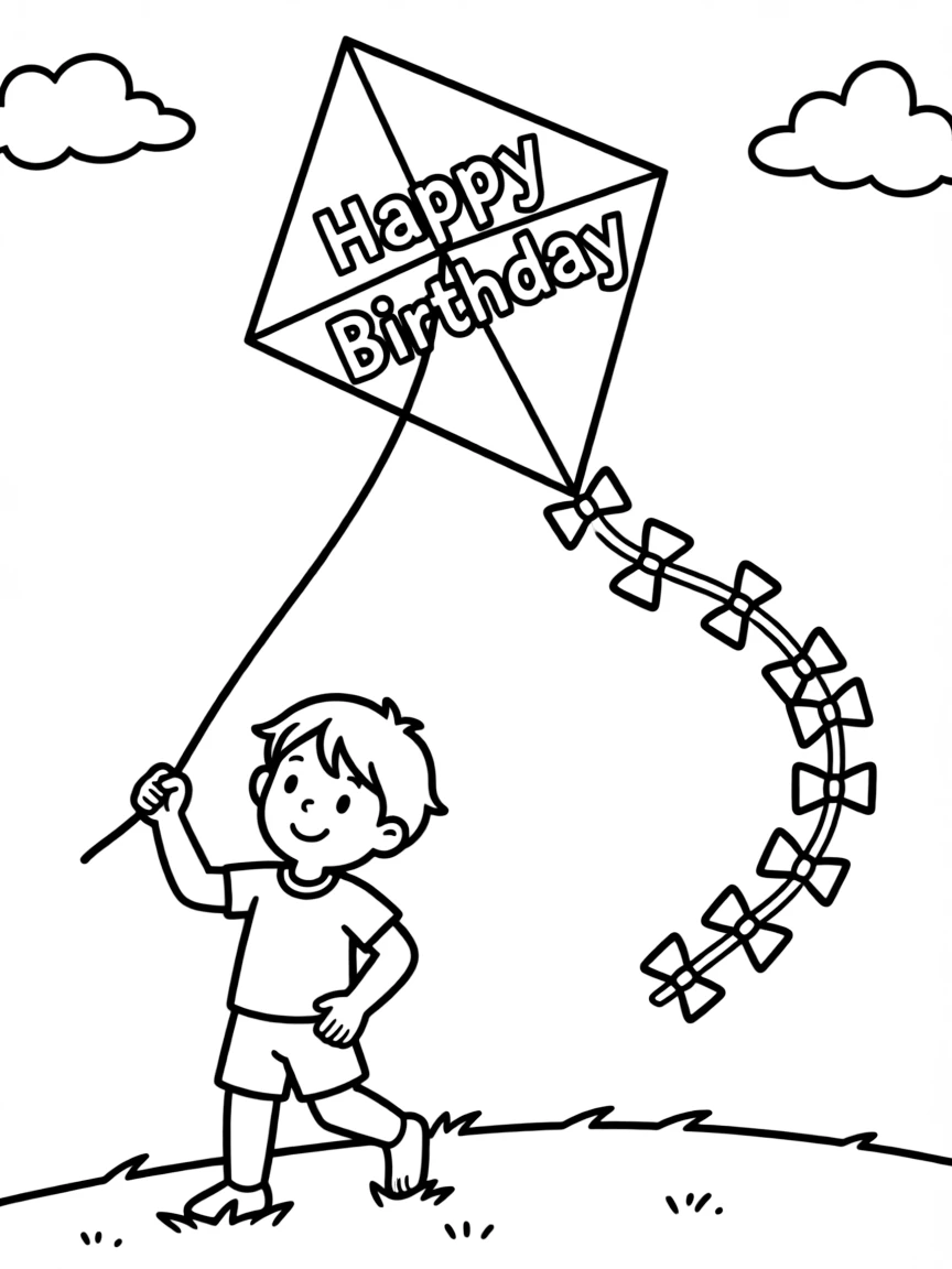 A child flying a **birthday kite** that says "Happy Birthday".