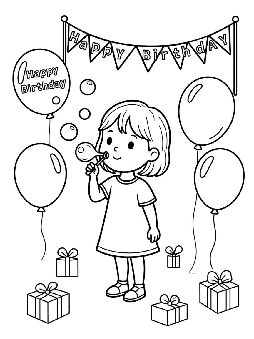 A child blowing **bubbles** at a birthday party with "Happy Birthday" messages.