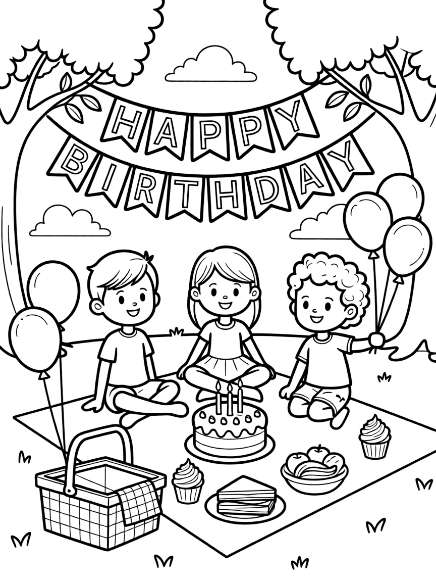 Friends having a **picnic** with birthday treats and a "Happy Birthday" banner.