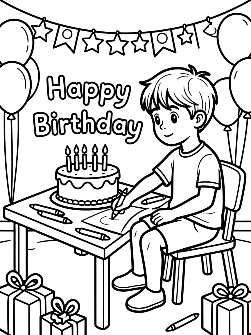 A child drawing a **birthday picture** that says "Happy Birthday".