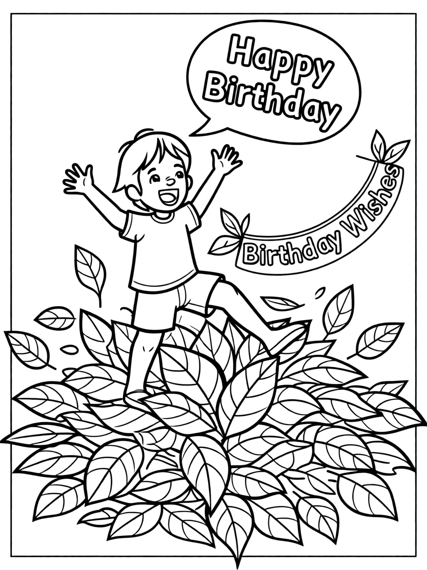 A child jumping in a pile of **leaves** with birthday wishes and shouting "Happy Birthday".