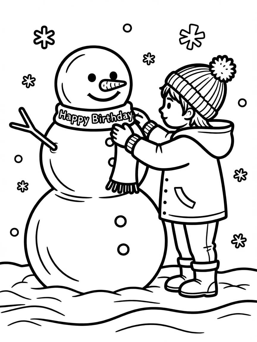A child building a **snowman** with a birthday scarf that says "Happy Birthday".