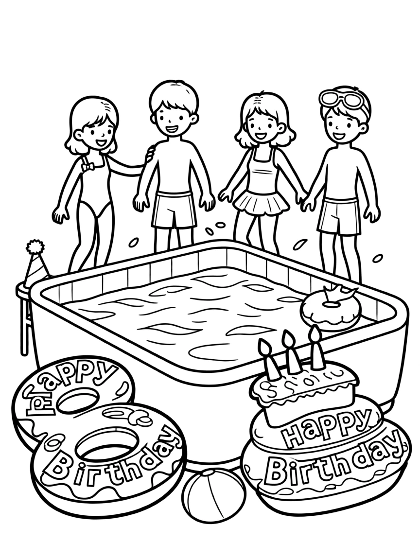 Friends having a **pool party** with birthday inflatables that say "Happy Birthday".
