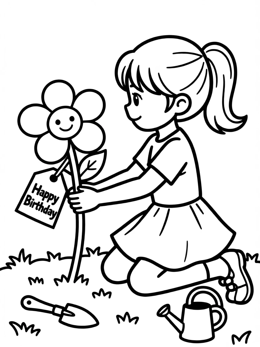 A child planting a **birthday flower** with a "Happy Birthday" tag.