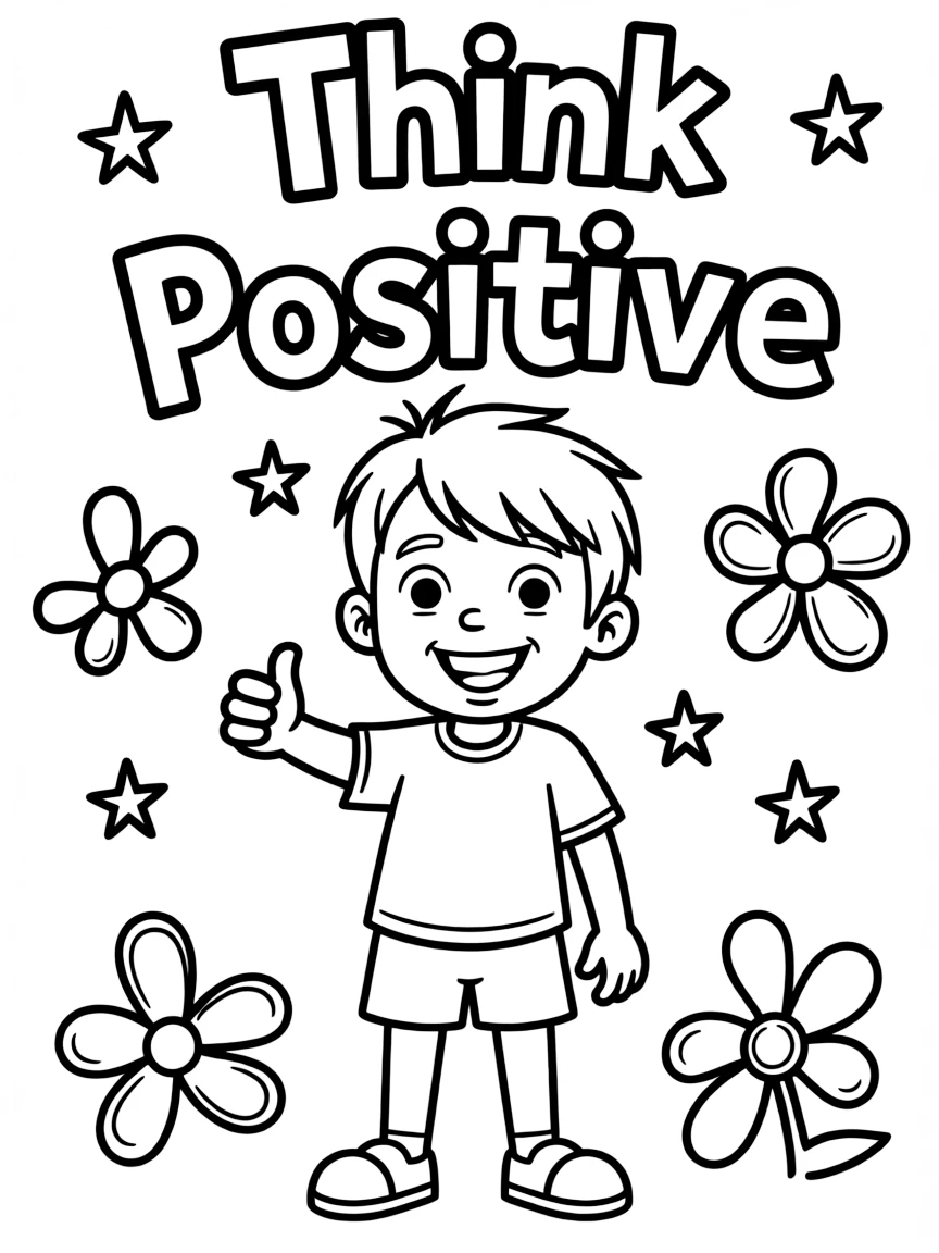 **Think Positive** motivational coloring page art, include the text "Think Positive".