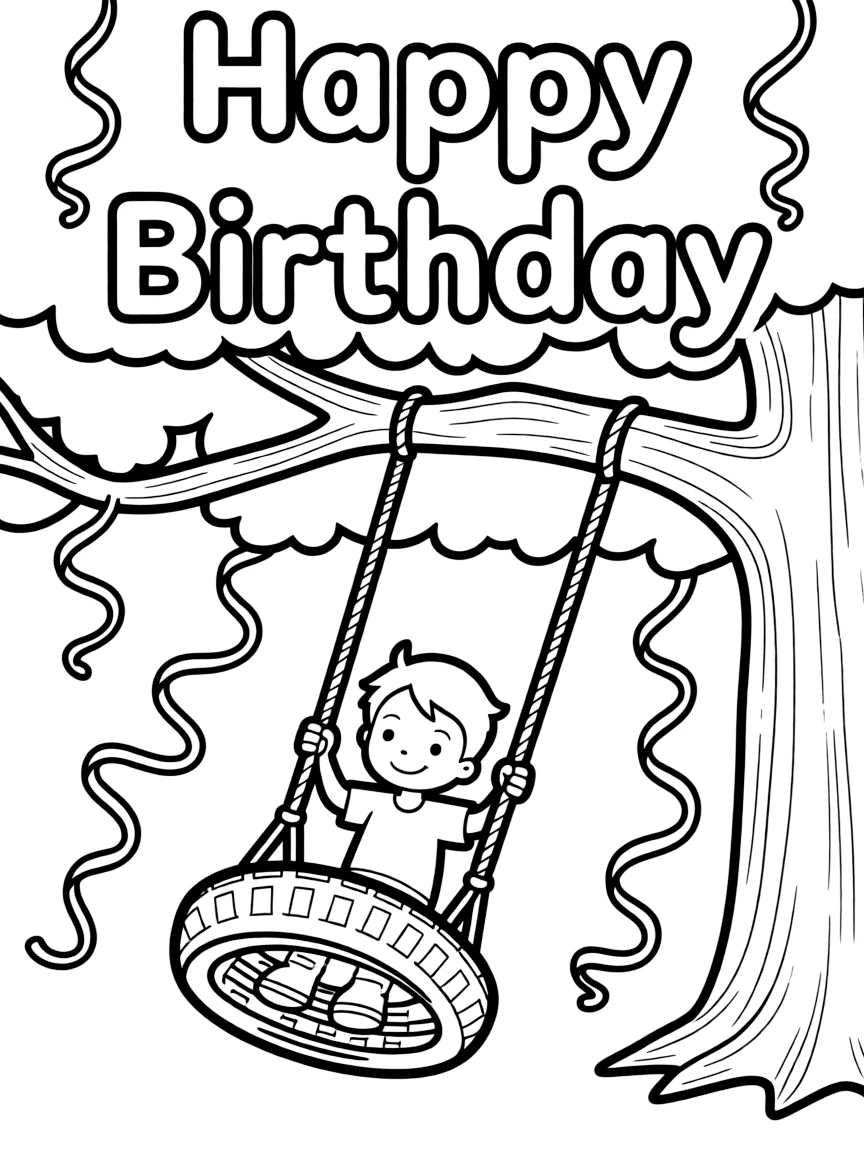 A child swinging on a **tire swing** with birthday streamers and a "Happy Birthday" message.