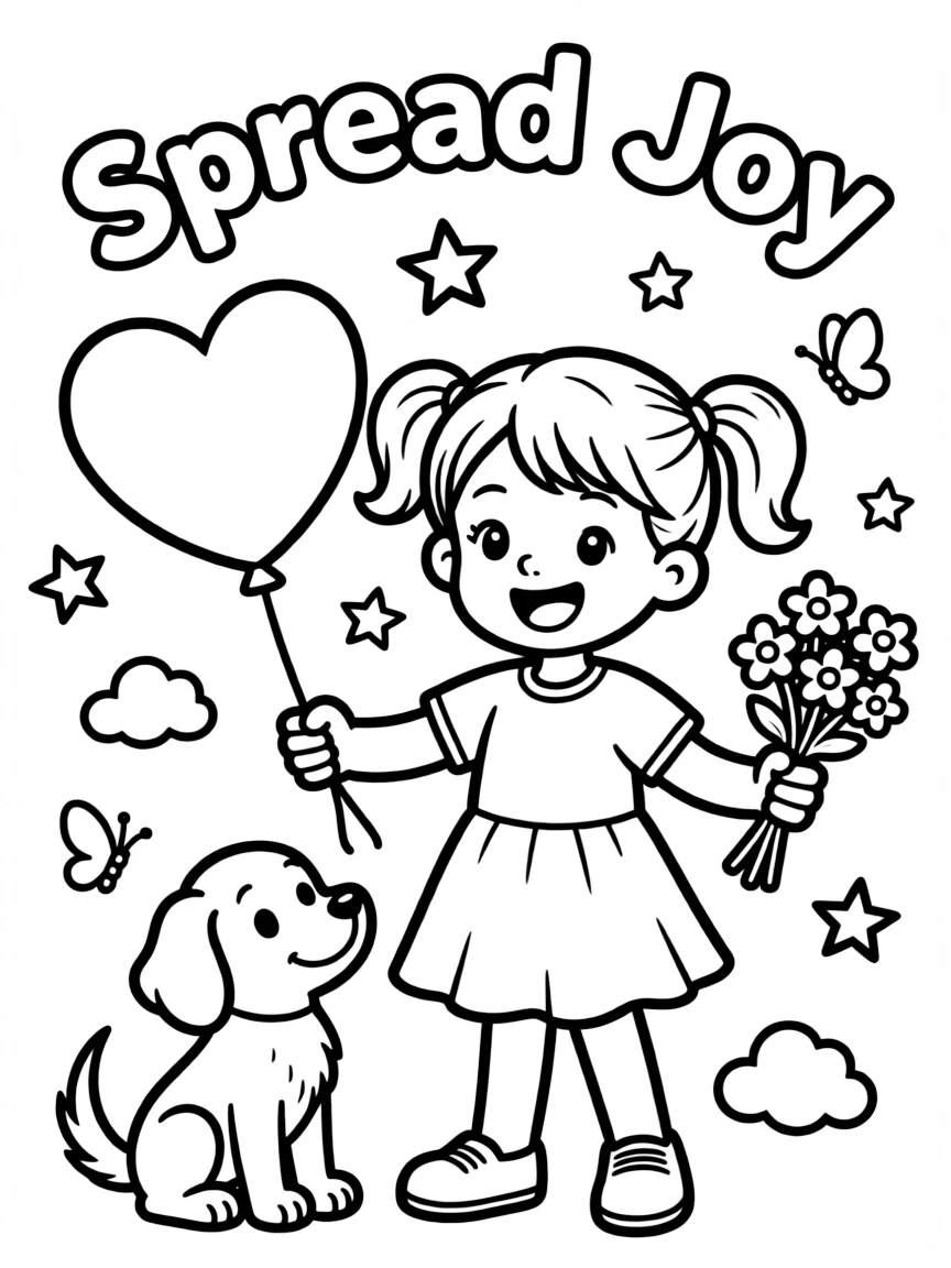 **Spread Joy** cheerful coloring page, include the text "Spread Joy".