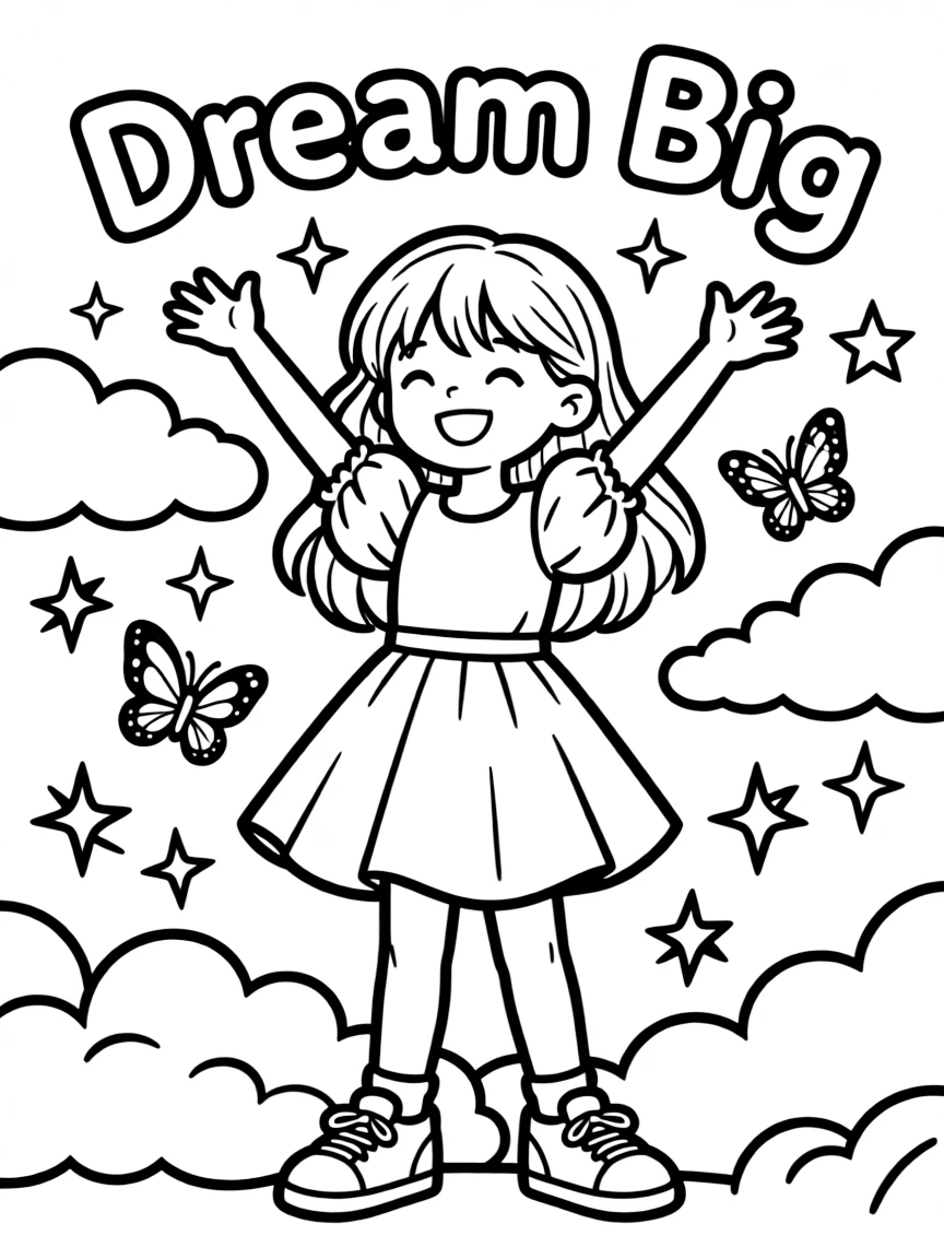 **Dream Big** whimsical coloring page, include the text "Dream Big".