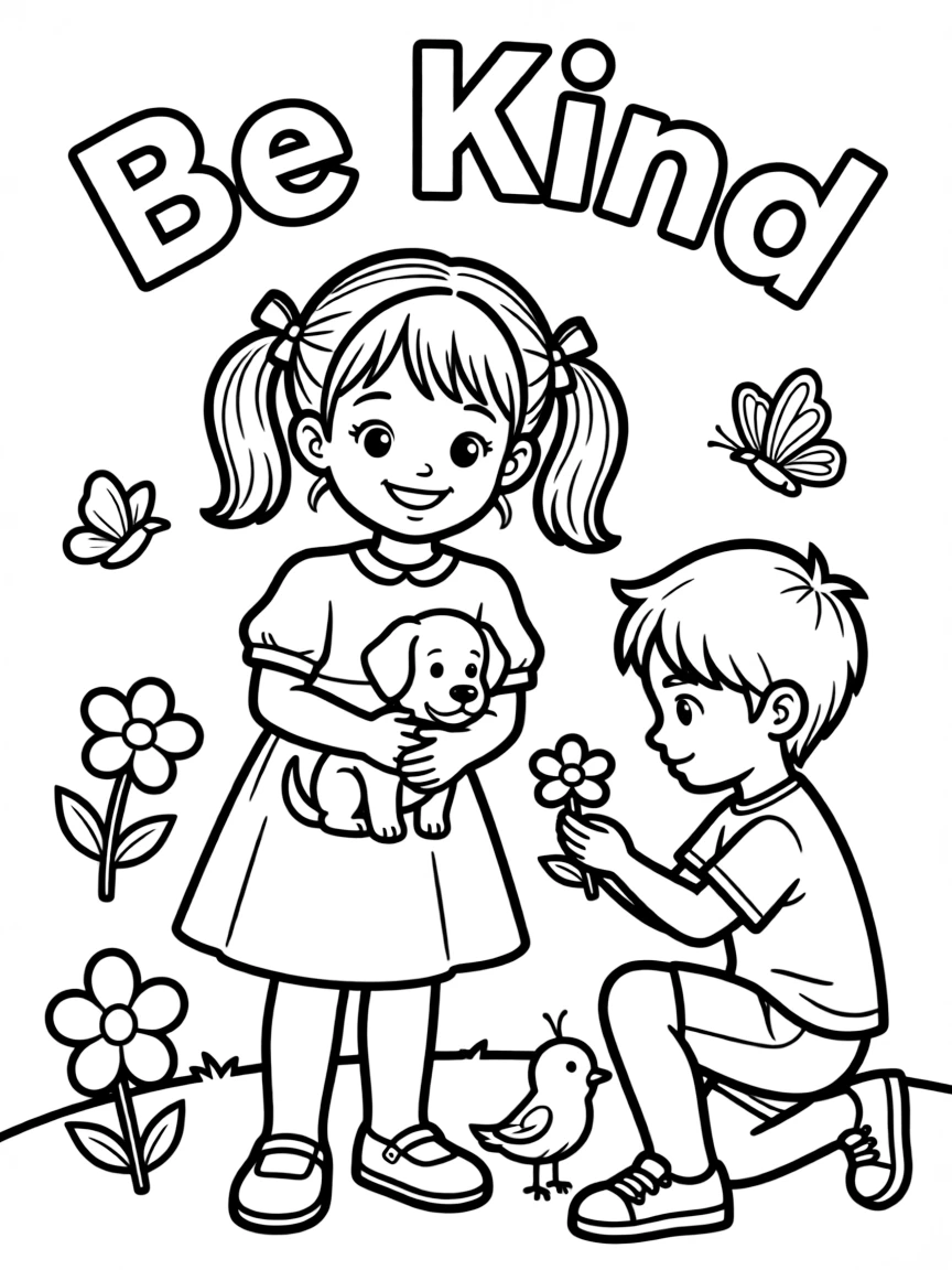**Be Kind** gentle coloring page, include the text "Be Kind".