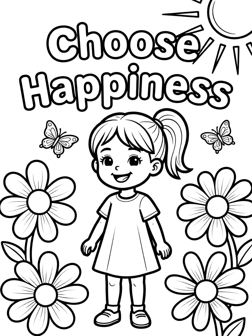 **Choose Happiness** uplifting coloring page, include the text "Choose Happiness".