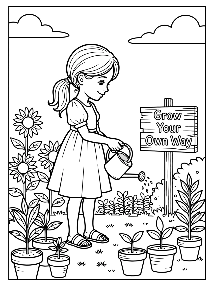**Grow Your Own Way** nature-inspired coloring page, include the text "Grow Your Own Way".