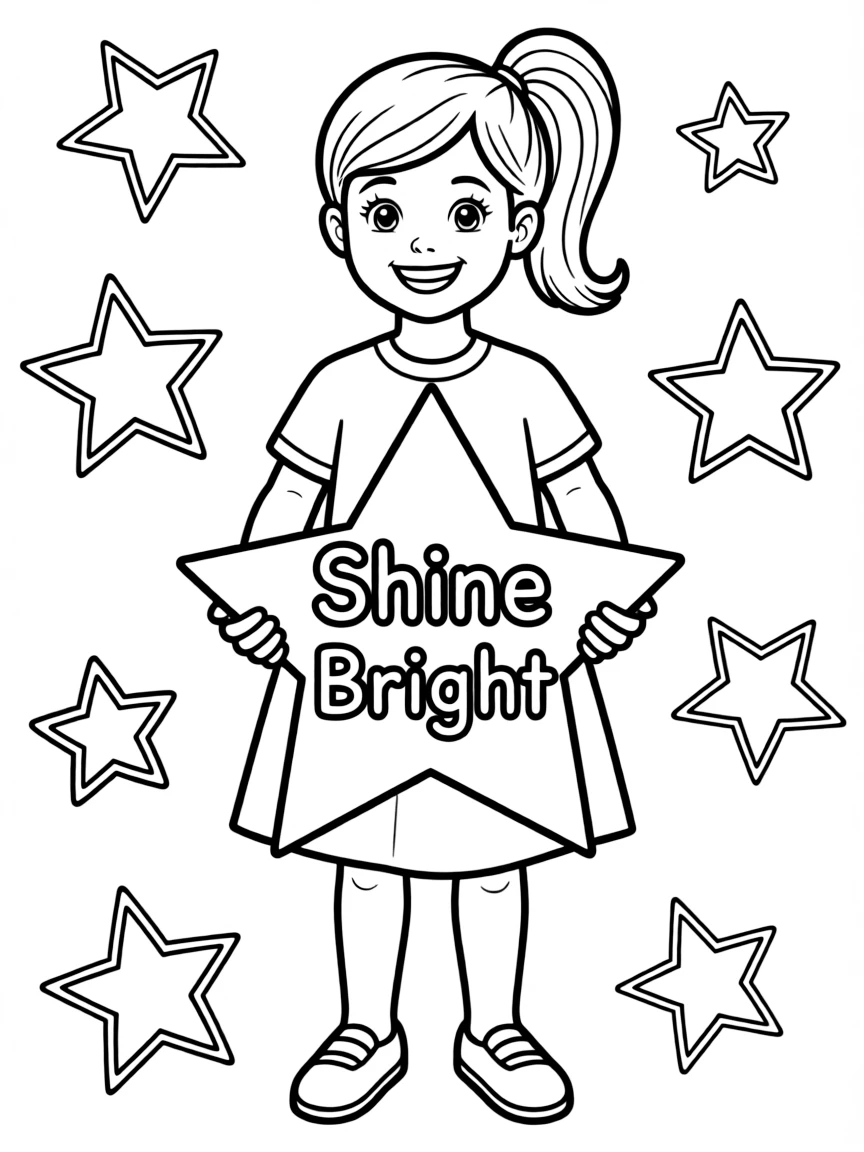 **Shine Bright** starry coloring page, include the text "Shine Bright".