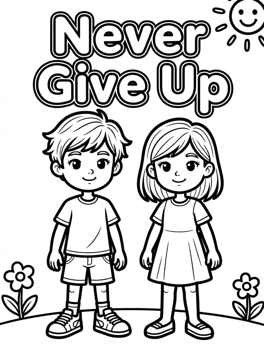 **Never Give Up** determined coloring page, include the text "Never Give Up".