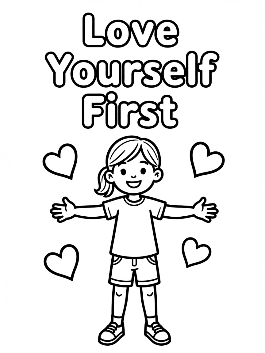 **Love Yourself First** self-care coloring page, include the text "Love Yourself First".