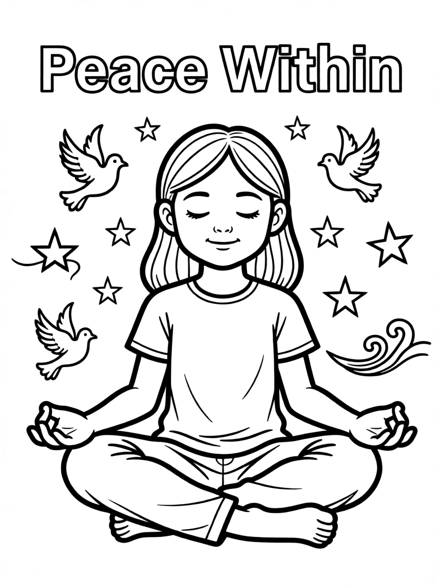 **Peace Within** serene coloring page, include the text "Peace Within".