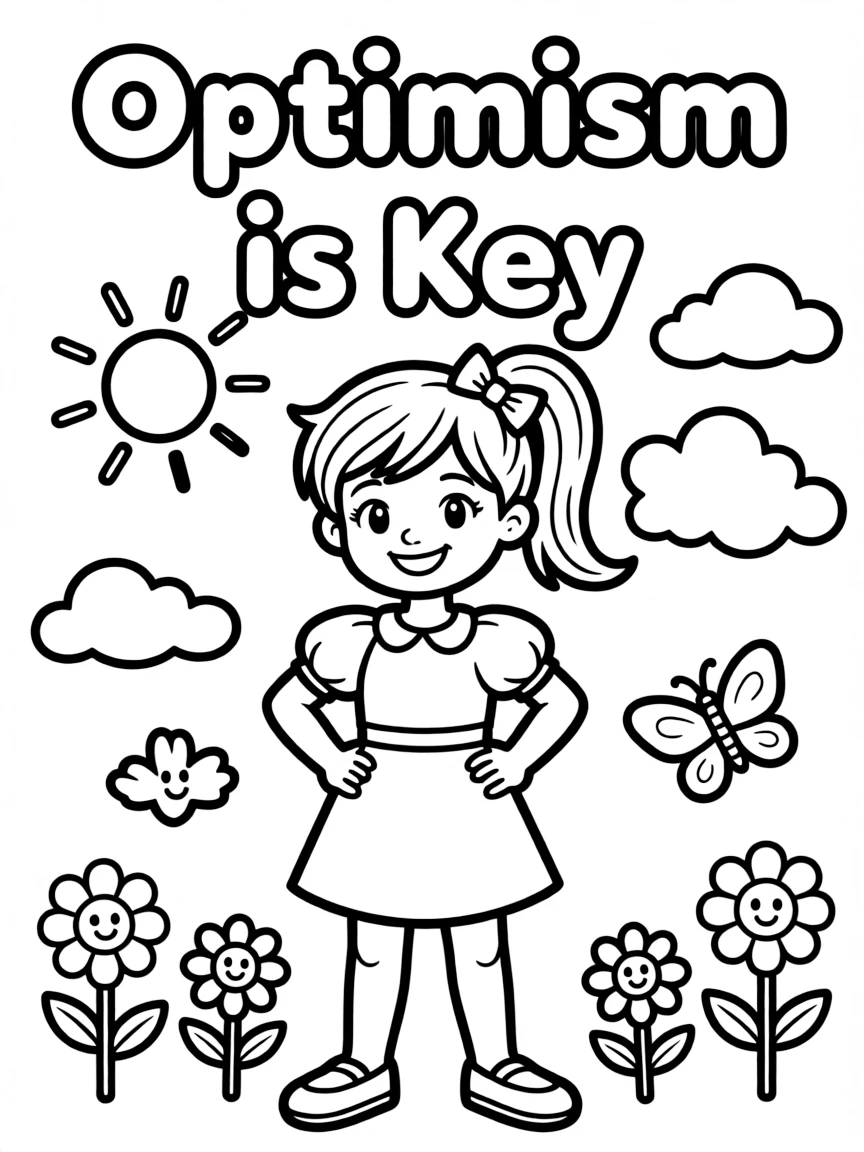 **Optimism is Key** cheerful coloring page, include the text "Optimism is Key".
